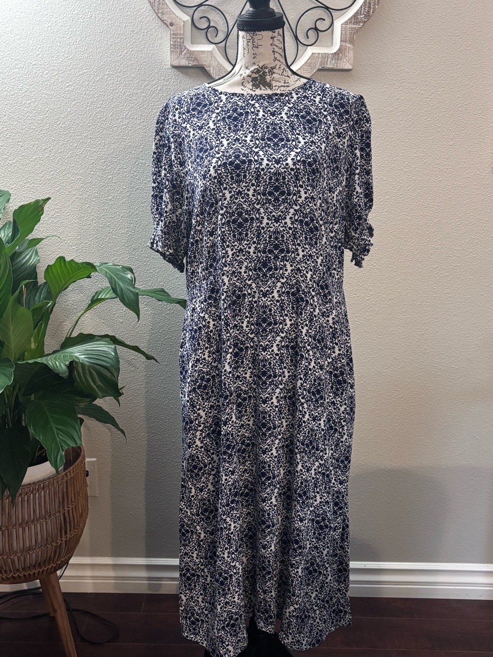 Boden Navy and White Patterned Midi Dress
